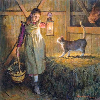 Painting of a girl with a lantern in a barn beside a white cat on hay