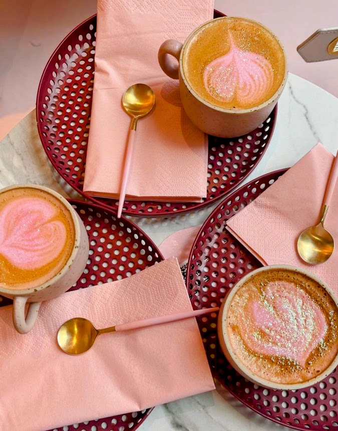 Pink Latte Art Cappuccinos
