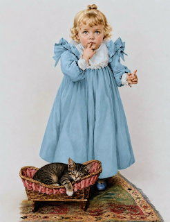 Vintage illustration of a little girl in a blue dress beside a basket with a sleeping tabby cat