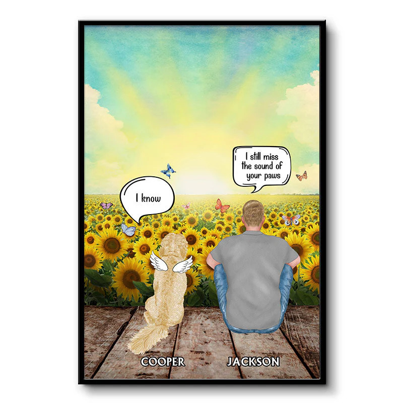 Man and woman sitting with golden retriever in sunflower field, memorial image with wings and heaven theme