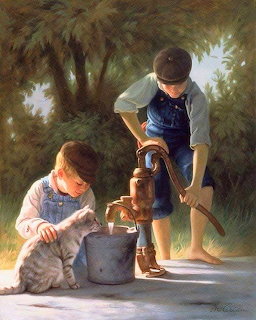 Two boys pumping water from an old-fashioned hand pump while a small dog watches
