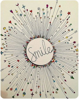 Hand-drawn doodle with the word Smile in a circle surrounded by colorful radiating arrows and decorations