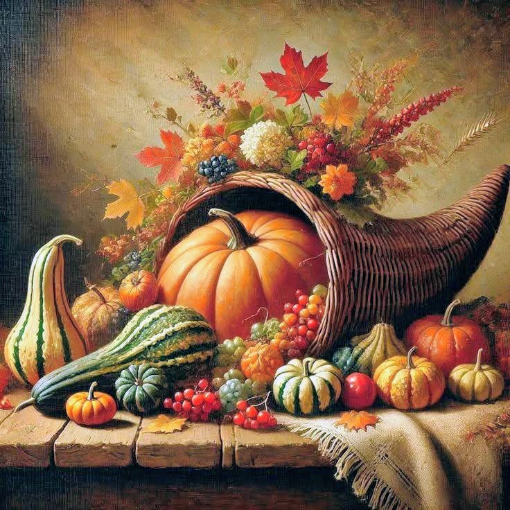 Cornucopia filled with pumpkins, gourds, autumn leaves and harvest decorations on wooden table