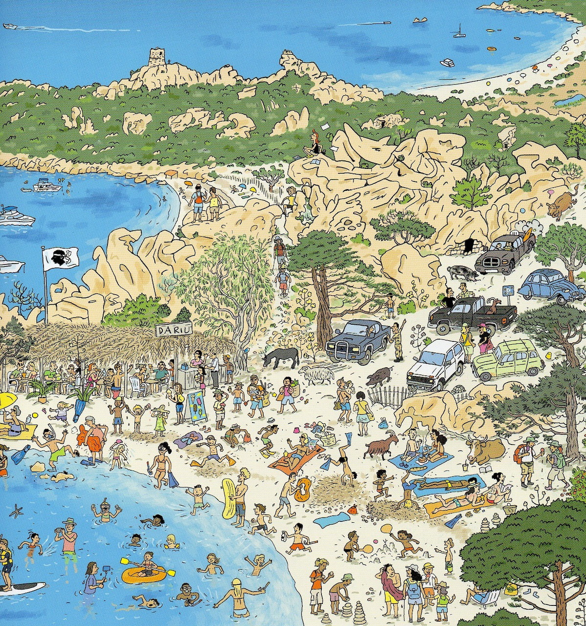 Crowded beach illustration with swimmers, sunbathers, rocky coastline and green hills under blue sky