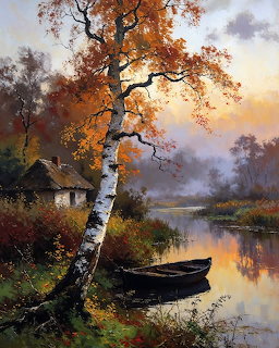 Autumn painting of a birch tree, cottage, and wooden boat by misty lake at sunset
