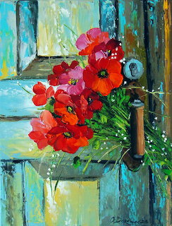 Impressionist painting of red poppies and white flowers on a distressed turquoise wooden chair