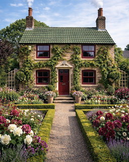 Ivy-covered stone cottage with vibrant flower garden and gravel path leading to red front door