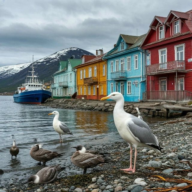 Colorful wooden houses along waterfront with seagulls on rocky beach and ship in harbor