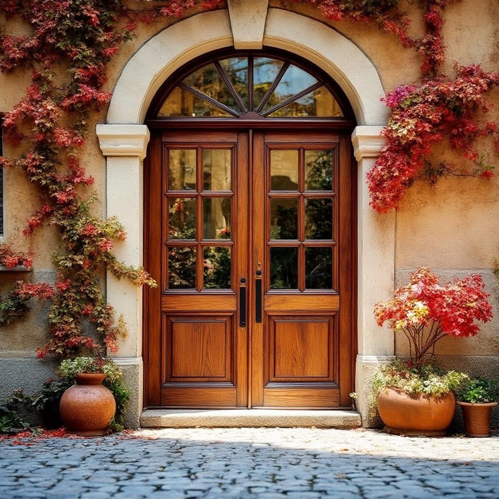 Wooden double door with arched frame covered in colorful autumn ivy and terracotta pots on cobblestone ground