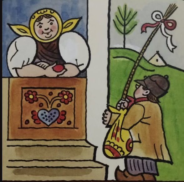 Folk art drawing of angel above decorated chest and pilgrim with staff