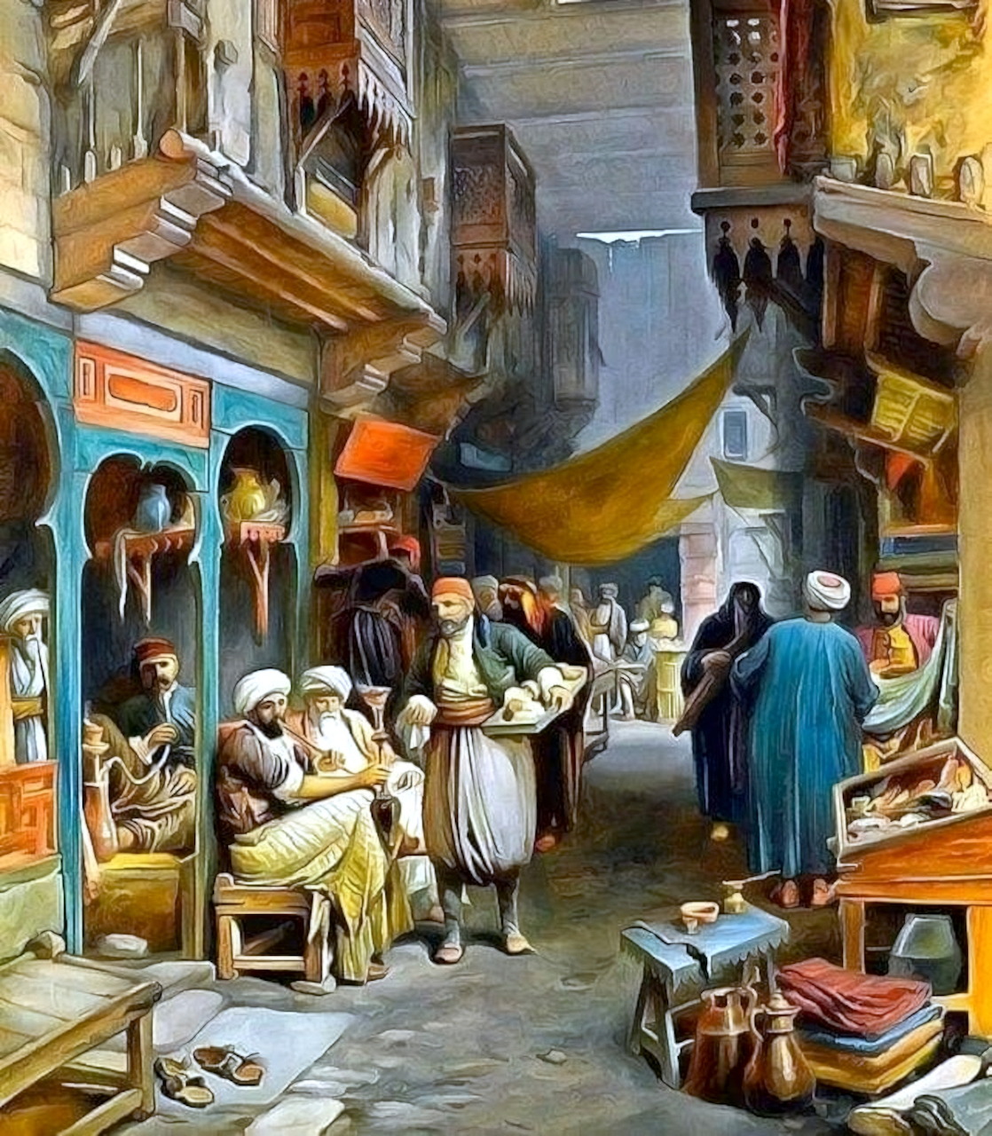 Vintage painting of a busy Middle Eastern bazaar street with merchants and traditional architecture