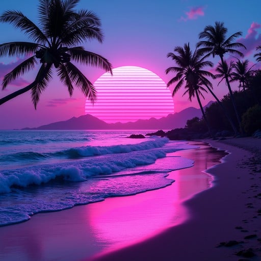 Stylized tropical beach at sunset with neon magenta sky, striped sun, and palm tree silhouettes in vaporwave style