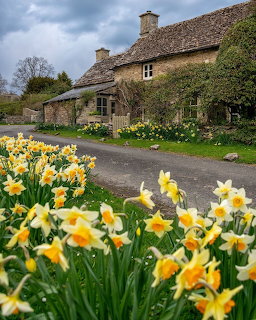 Stone Cottage with Daffodils