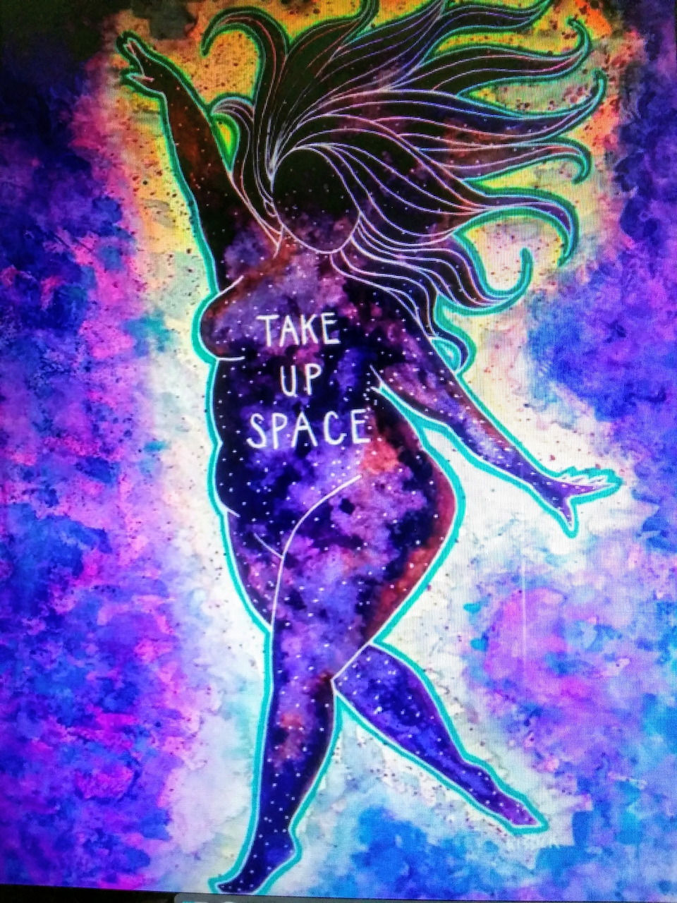 Dancing woman silhouette filled with galaxy pattern and text Take Up Space on colorful cosmic background