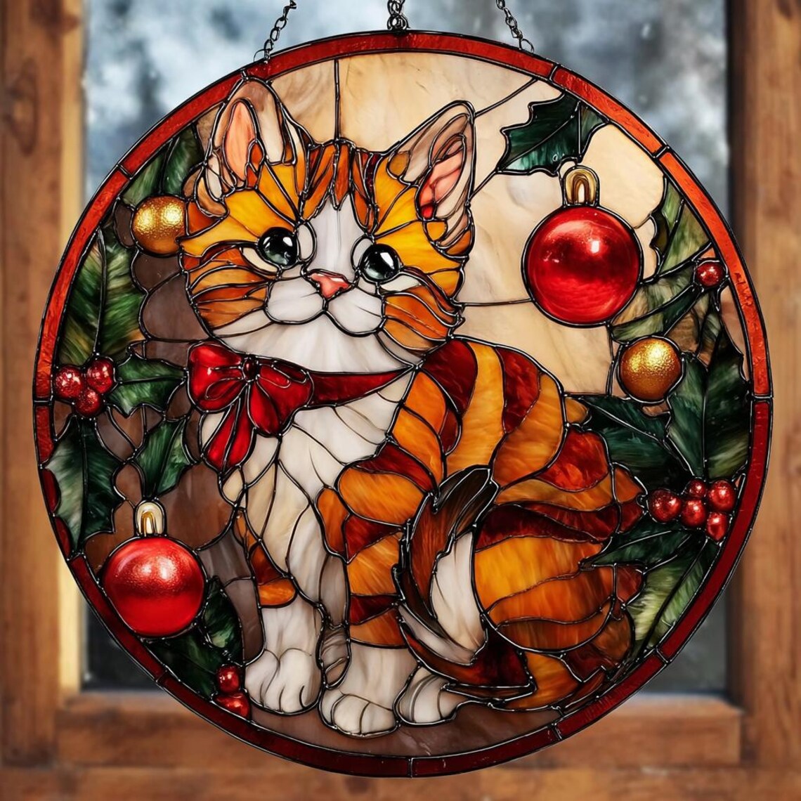 Circular stained glass suncatcher with orange tabby cat, holly leaves, red berries and Christmas ornaments