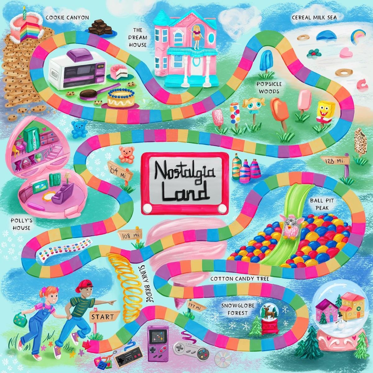 Colorful illustrated candy-themed board game map with rainbow paths and pastel landmarks