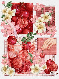 Watercolor illustration of a cherry drink in a jar with cheries, pink blossoms, and a hand on grid paper