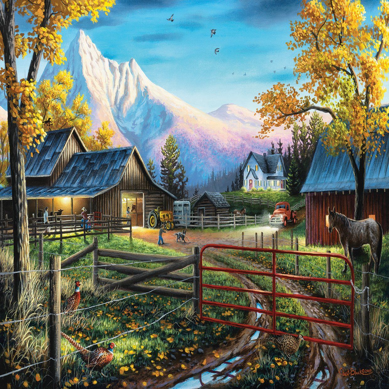 Painting of rural farm with cottages, horses, fall trees, mountains, and white dove in blue sky