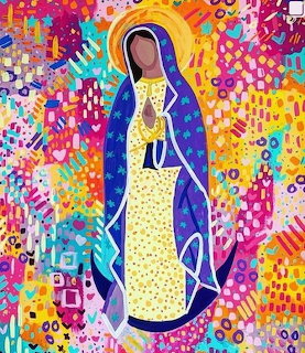 Colorful illustration of the Virgin of Guadalupe with abstract patterned background