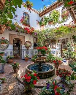 Spanish courtyard with white walls, colorful flowers, fountain, and potted plants in traditional Cordoba patio style