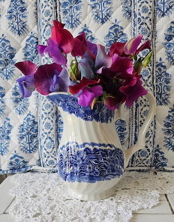 Sweet Peas in Blue Pitcher