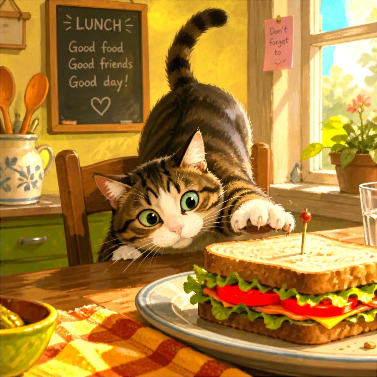 Illustrated tabby cat reaching for a sandwich on a kitchen table