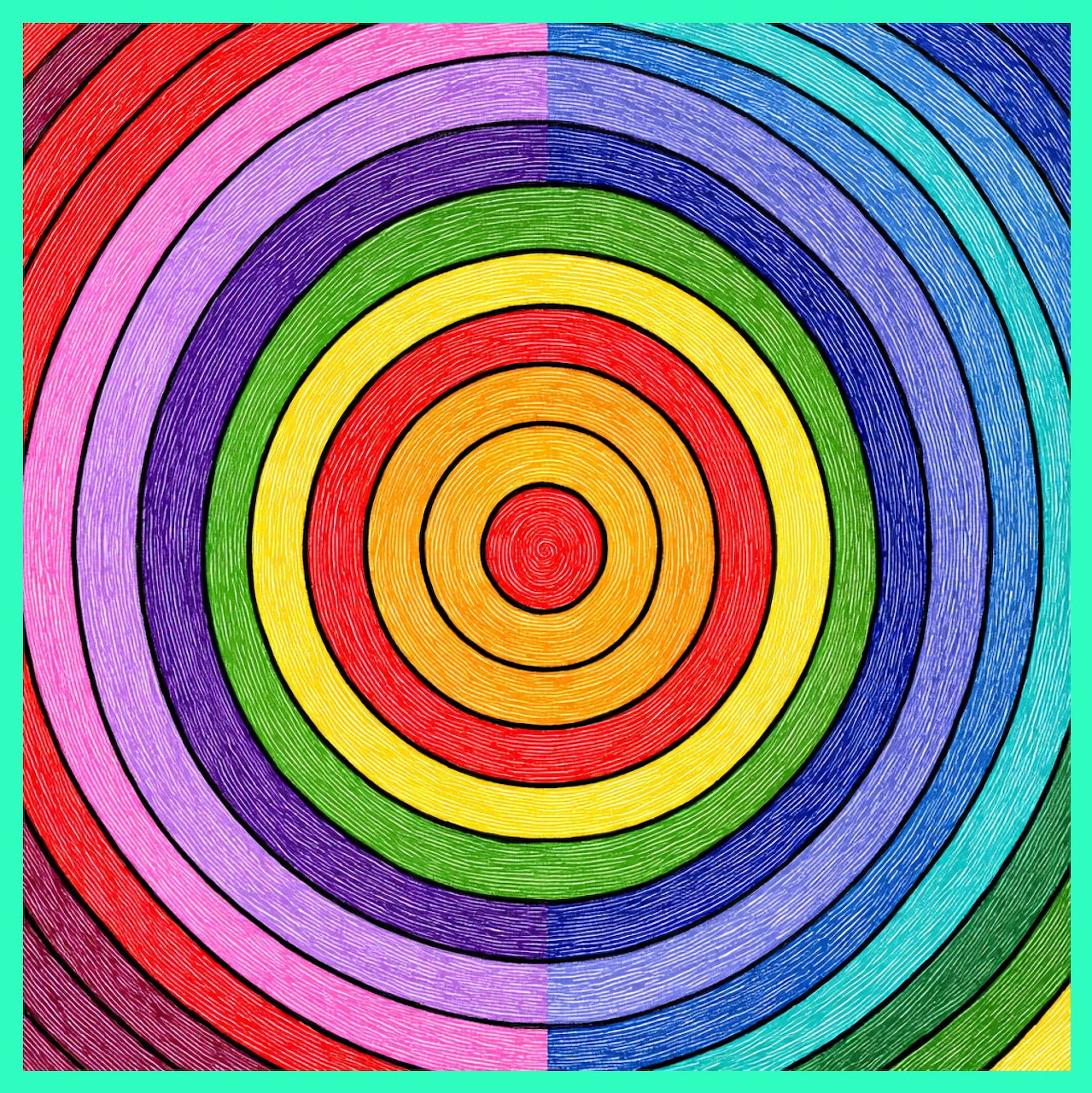 Hand-drawn concentric circles in rainbow colors with pencil texture creating a vibrant spiral pattern