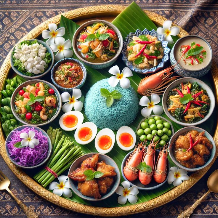 Overhead view of assorted Thai dishes arranged in circular pattern with flowers and fresh ingredients on ornate tray