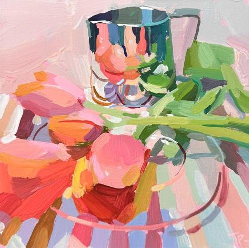 Abstract painting of flowers in metallic pitcher with bold colorful brushstrokes