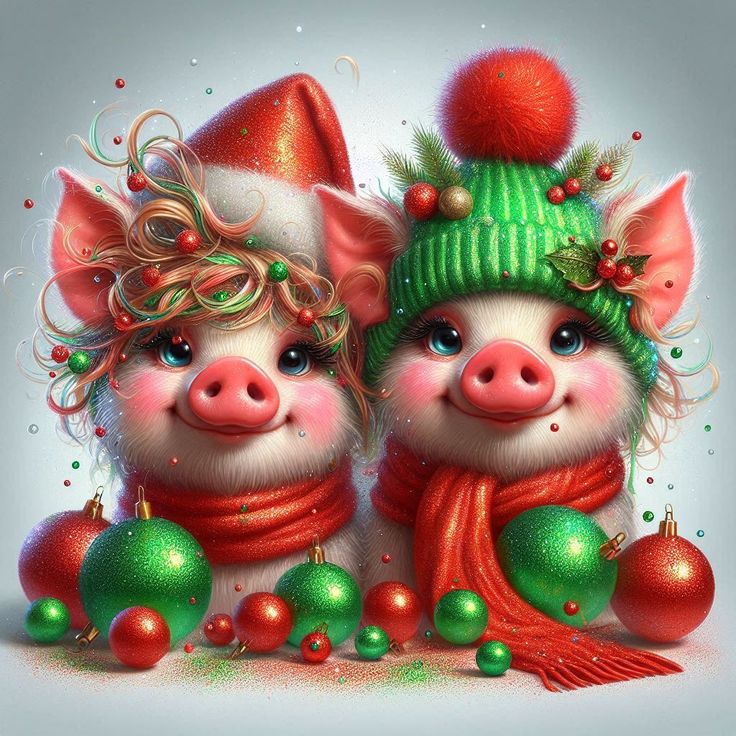 Two cute cartoon pigs in Christmas hats with red and green ornaments