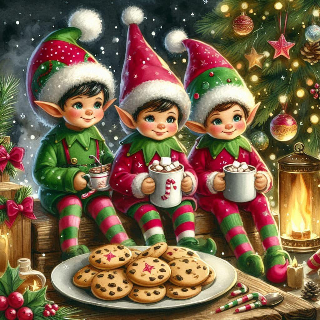 Three smiling cartoon Christmas elves with Santa hats holding mugs near decorated tree and cookies