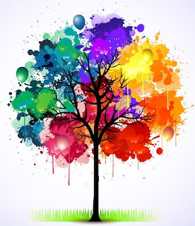 Abstract tree with vibrant rainbow paint splatter foliage and dripping balloons against white background