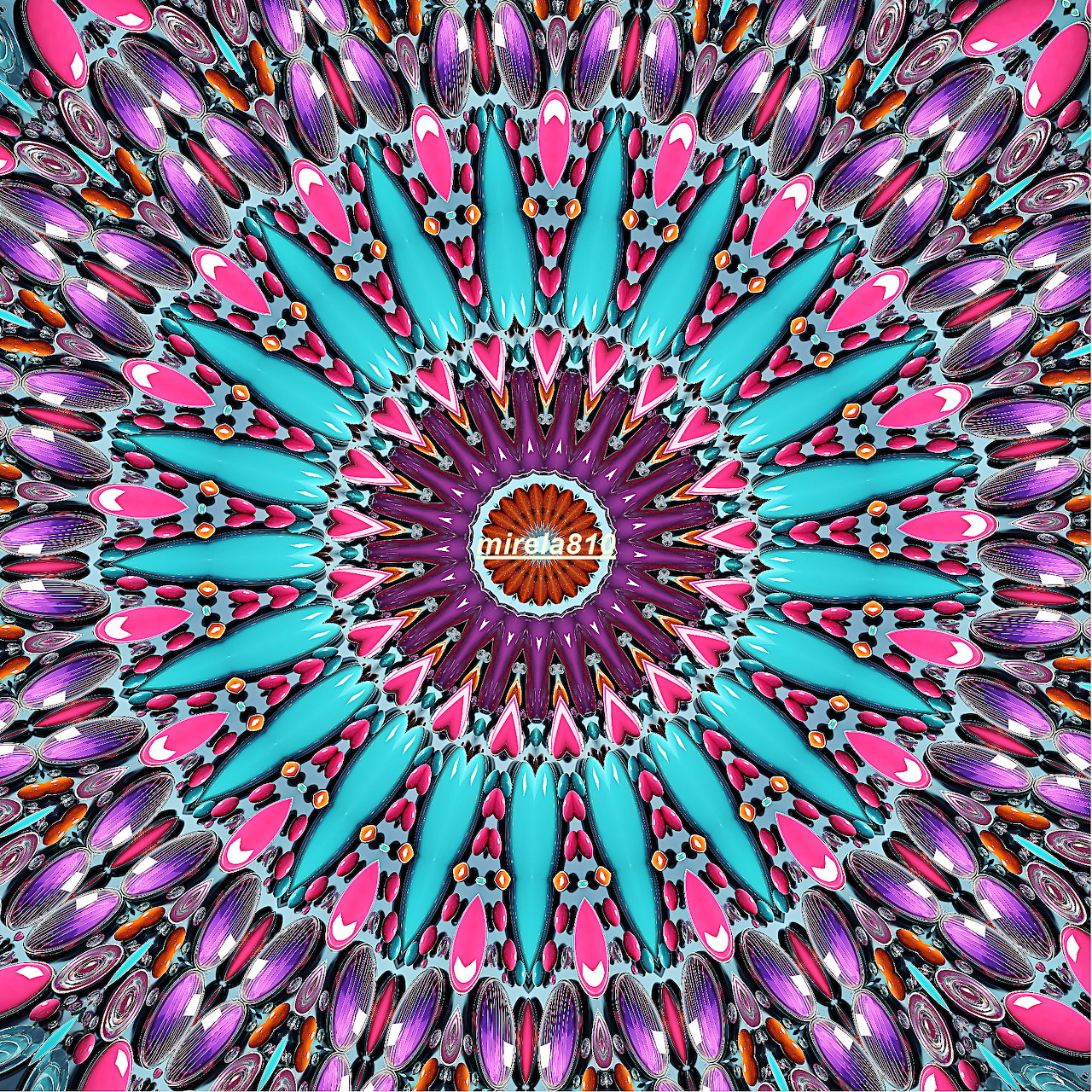 Colorful mandala with purple, pink and turquoise radiating symmetrical patterns