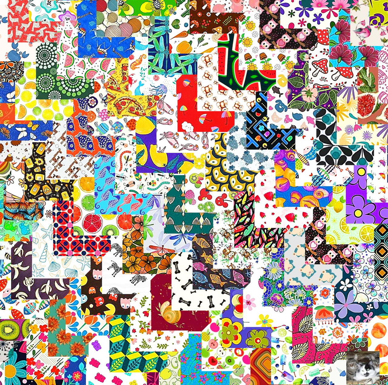 Dense abstract collage with multicolored patterns, dots, shapes and geometric designs in a chaotic mosaic arrangement