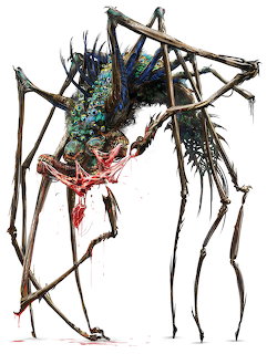 Mechanical spider sculpture with long metal legs and colorful iridescent body components