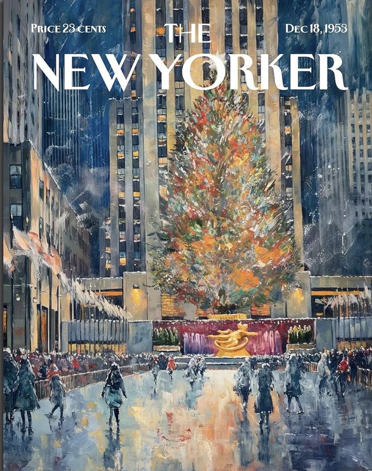 Painting of Rockefeller Center Christmas tree with ice skaters and city buildings at night