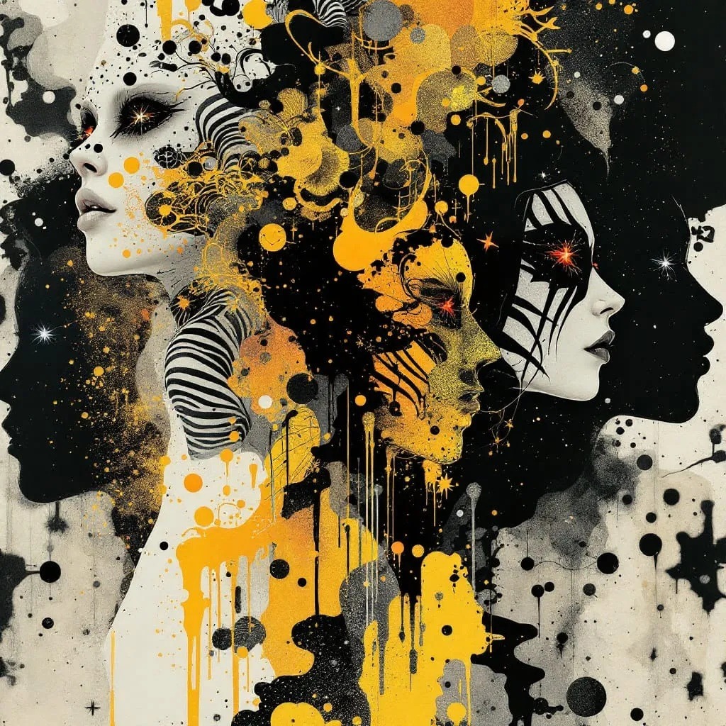 Two black profile silhouettes facing opposite directions with yellow paint splatter and stars on textured background
