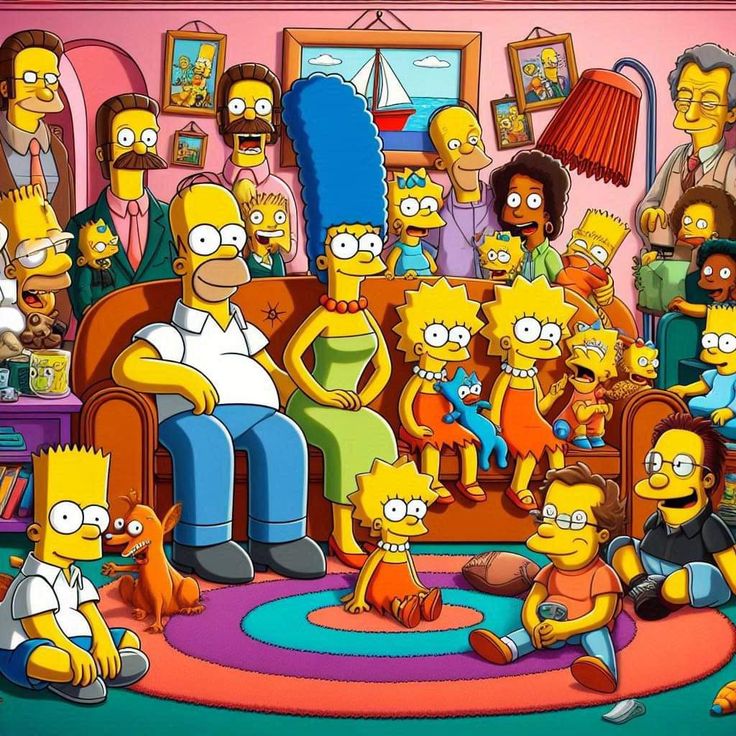 The Simpsons characters sitting together in their living room with pink walls and family portraits