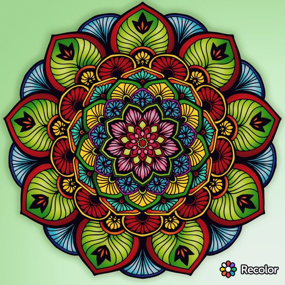 Colorful mandala with ornate floral petals radiating from central flower in green, red, blue and pink