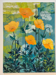 Painting of orange poppies with stems and leaves against a textured teal and yellow background