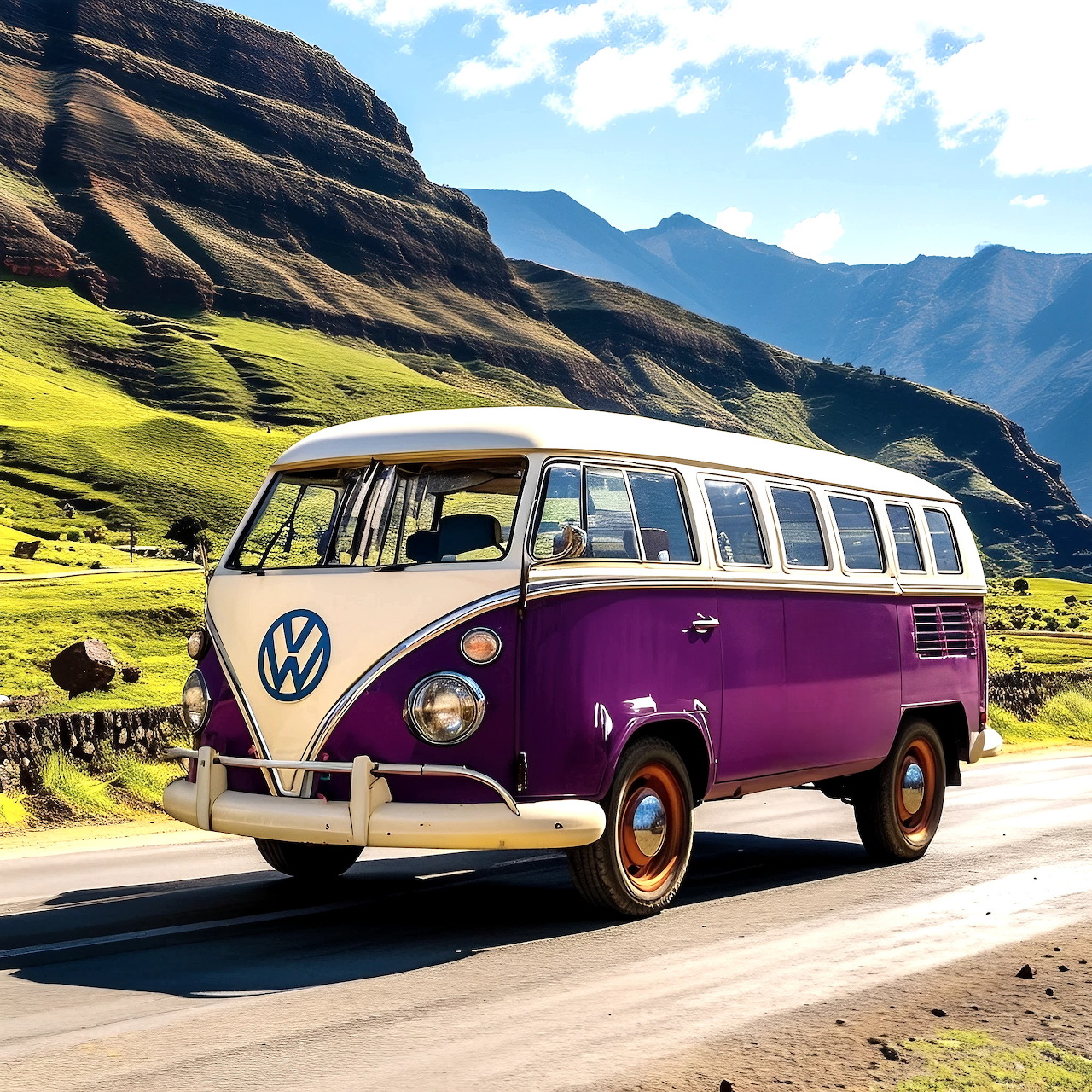 Vintage purple VW bus parked on mountain road with steep valley and mountains behind