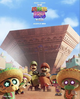 Group of cartoon characters in desert setting with wooden ark structure above