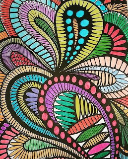 Colorful hand-drawn zentangle pattern with paisley shapes, swirls, dots, and leaves in bright colors