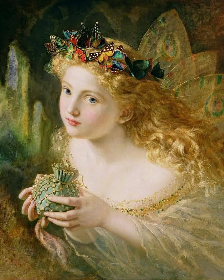 Classical painting of a fairy girl with butterfly crown and golden curls holding a green bouquet