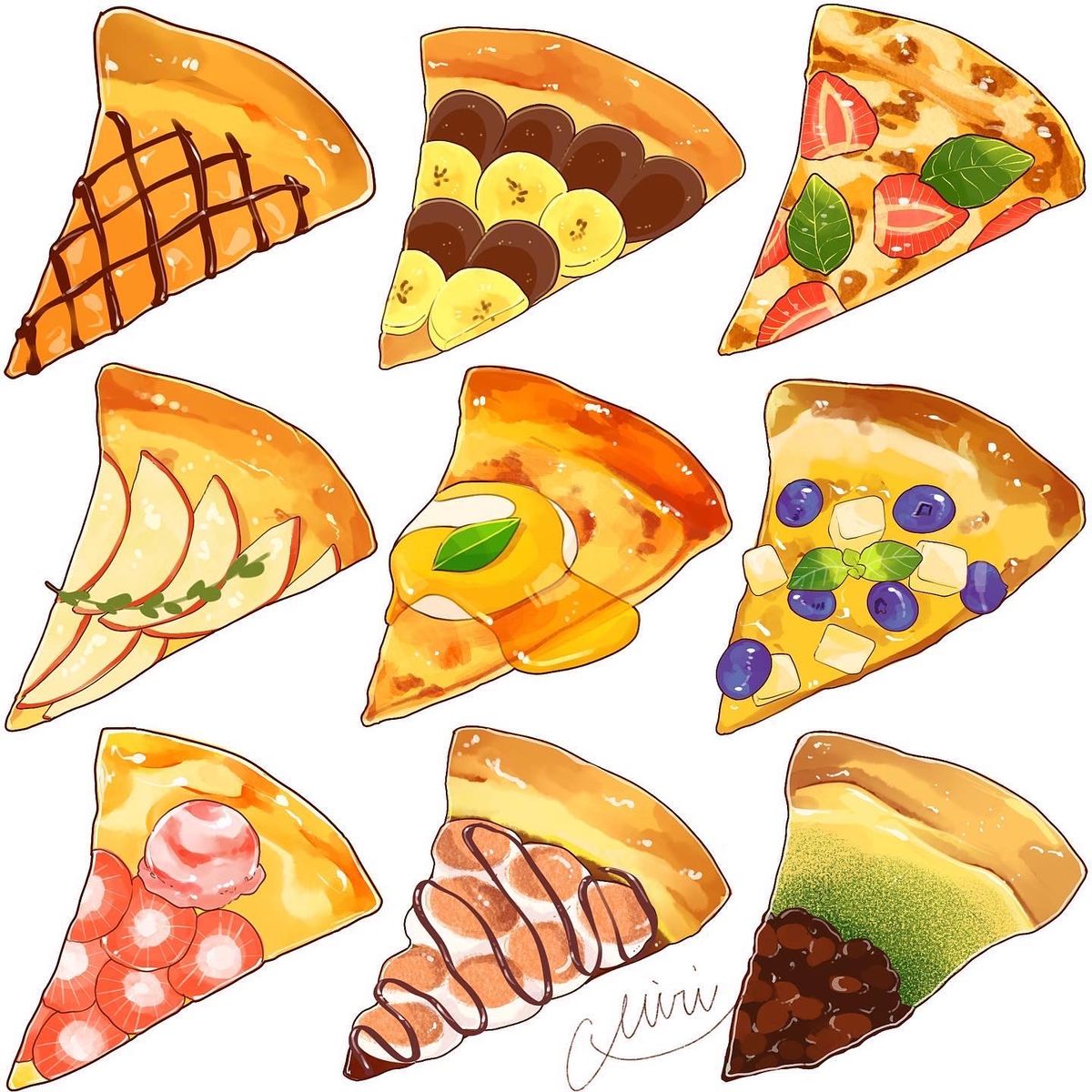 Illustration of nine different pie, pizza, and pastry slices arranged in a grid on white background