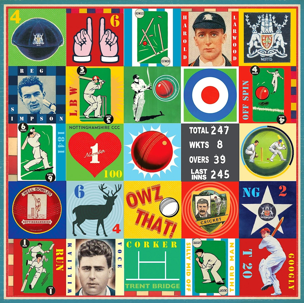 Grid collage of Nottinghamshire cricket club memorabilia with players, balls, badges and symbols in colorful squares