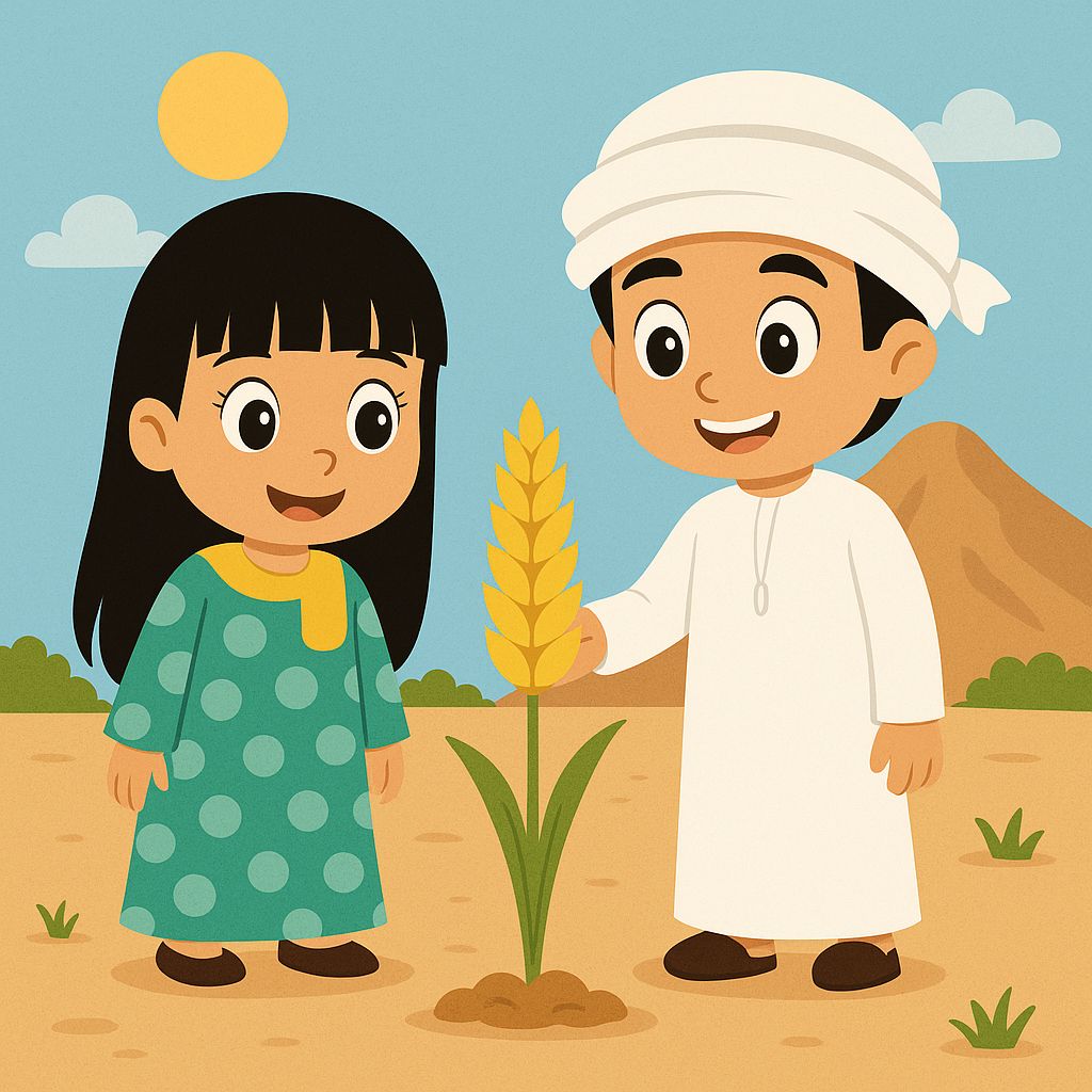 Cartoon boy in white robe and girl in green dress standing by wheat plant in desert with blue sky
