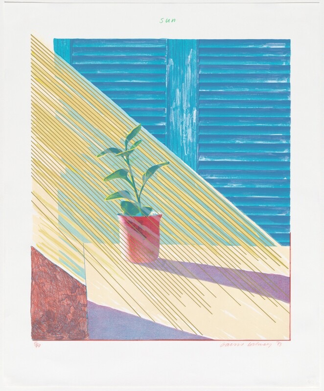 Illustration of a small green plant in a red pot with diagonal yellow stripes and blue shutters backdrop