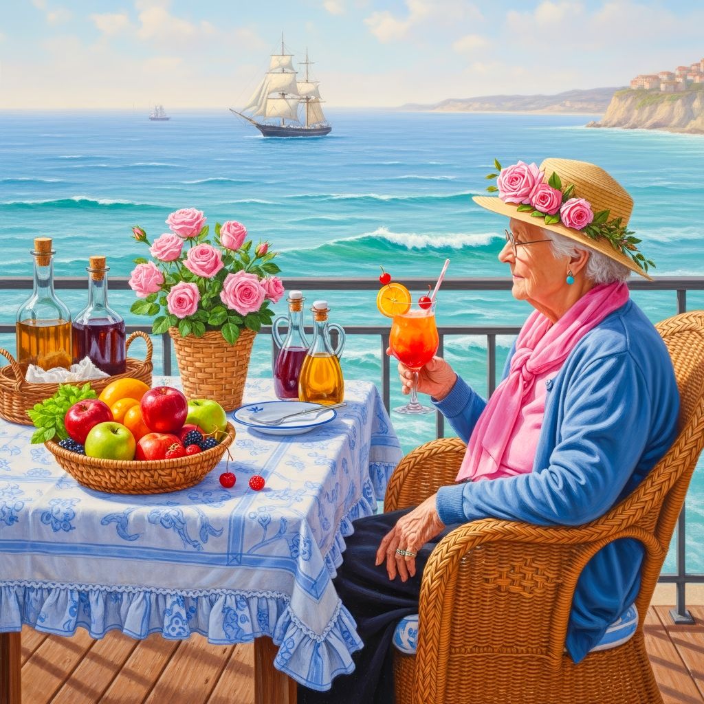 Woman in sun hat relaxing at breakfast table on ocean terrace with sailing ship in background