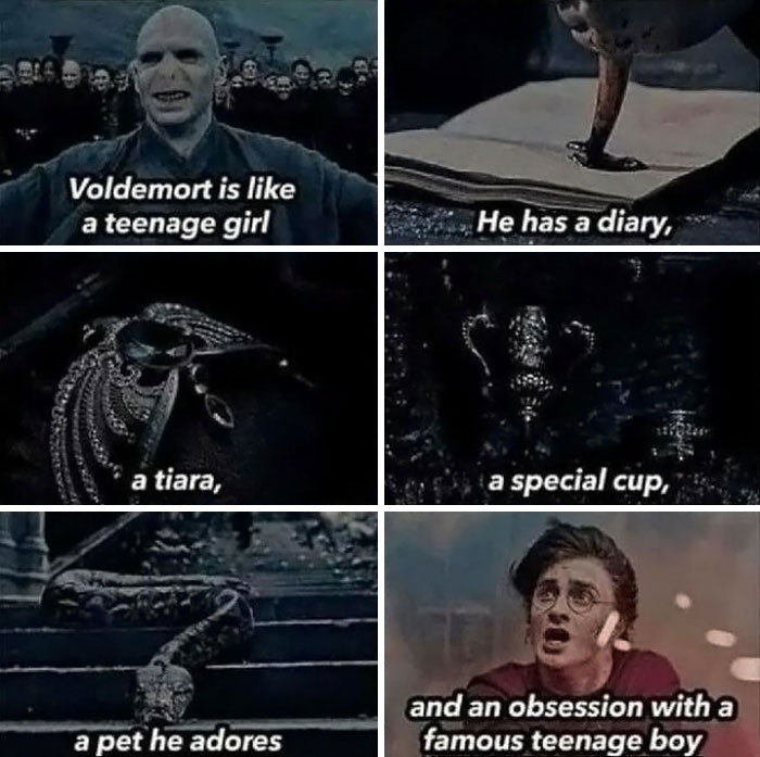 Six-panel Harry Potter meme collage with Voldemort, a diary, tiara, cup, pet snake, and Harry Potter